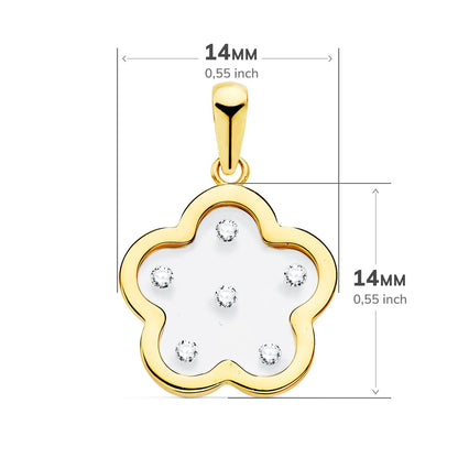18K COLGANTE AMULETO ORO AMARILLO FLOR AIRSHINE TRANSPARENTE CON CIRCONITA 14X14 MM