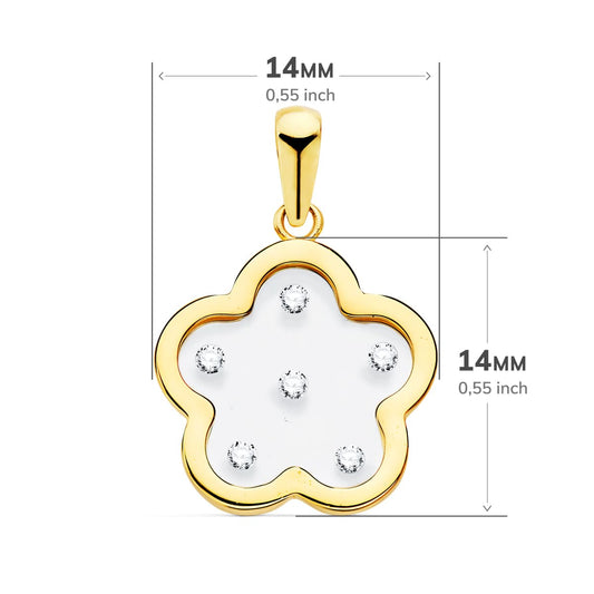 18K COLGANTE AMULETO ORO AMARILLO FLOR AIRSHINE TRANSPARENTE CON CIRCONITA 14X14 MM