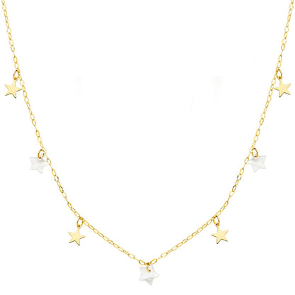 18K GARGANTILLA ORO AMARILLO ESTRELLAS LISAS Y NACAR 5.5 MM CADENA FORZADA 45CM