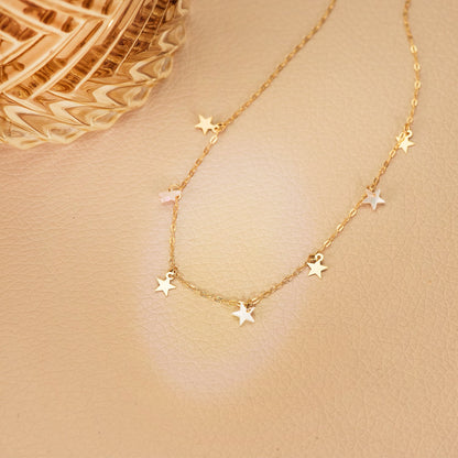 18K GARGANTILLA ORO AMARILLO ESTRELLAS LISAS Y NACAR 5.5 MM CADENA FORZADA 45CM