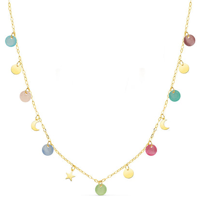 18K GARGANTILLA AMARILLO PLACA CHAPAS FORMAS 5 MM Y PIEDRAS 5 MM CADENA FORZADA 45CM