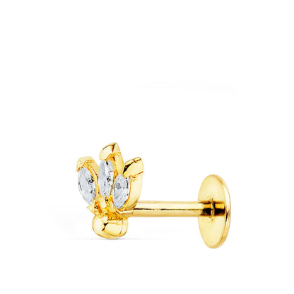 9K PIERCING OREJA ORO AMARILLO TRES HOJITAS CIRCONITA 6.5X6 MM ( UNIDAD )