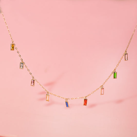 18K GARGANTILLA ORO AMARILLO Y COLGANTES DE CIRCONITA DE COLORES CADENA 42+3 CM