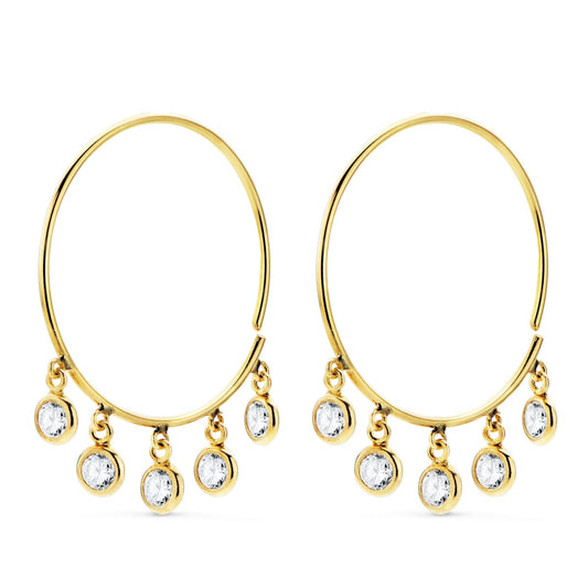18K AROS ORO AMARILLO HILO DE 20 MM CON 5 COLGANTES CIRCONITA BLANCAS