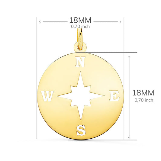 18K COLGANTE ORO AMARILLO ROSA DE LOS VIENTOS BRILLO Y CALADA 18 MM