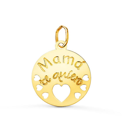 18K COLGANTE ORO AMARILLO REDONDO MAMA TE QUIERO CON CORAZONE CALADOS 15 MM