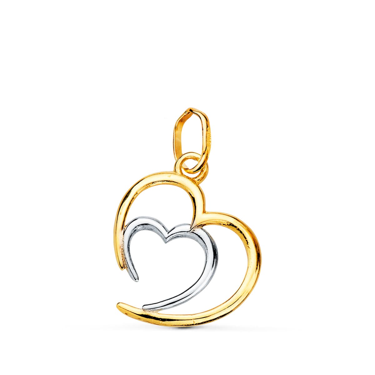 18K COLGANTE ORO BICOLOR DOBLE CORAZON EN BRILLO 14X13 MM C. AMOR