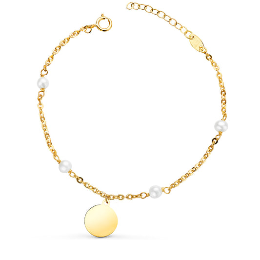 18K PULSERA ORO AMARILLO CON PERLAS 3.5MM Y PLACA CHAPA REDONDA 10MM. LARGO: 15 2CM