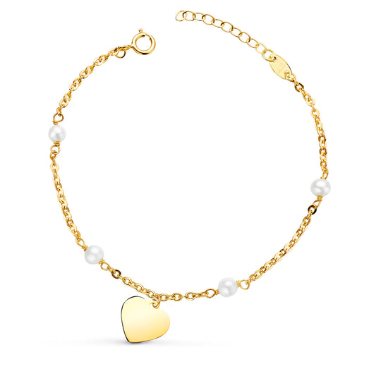 18K PULSERA ORO AMARILLO CON PERLAS 3.5MM Y PLACA CHAPA CORAZON 10MM. LARGO: 15 2CM C. AMOR
