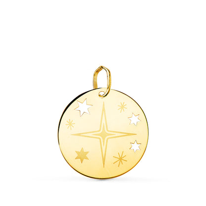 18K COLGANTE AMULETO ORO AMARILLO REDONDO ROSA DE LOS VIENTOS GRABADA EN BRILLO 18 MM
