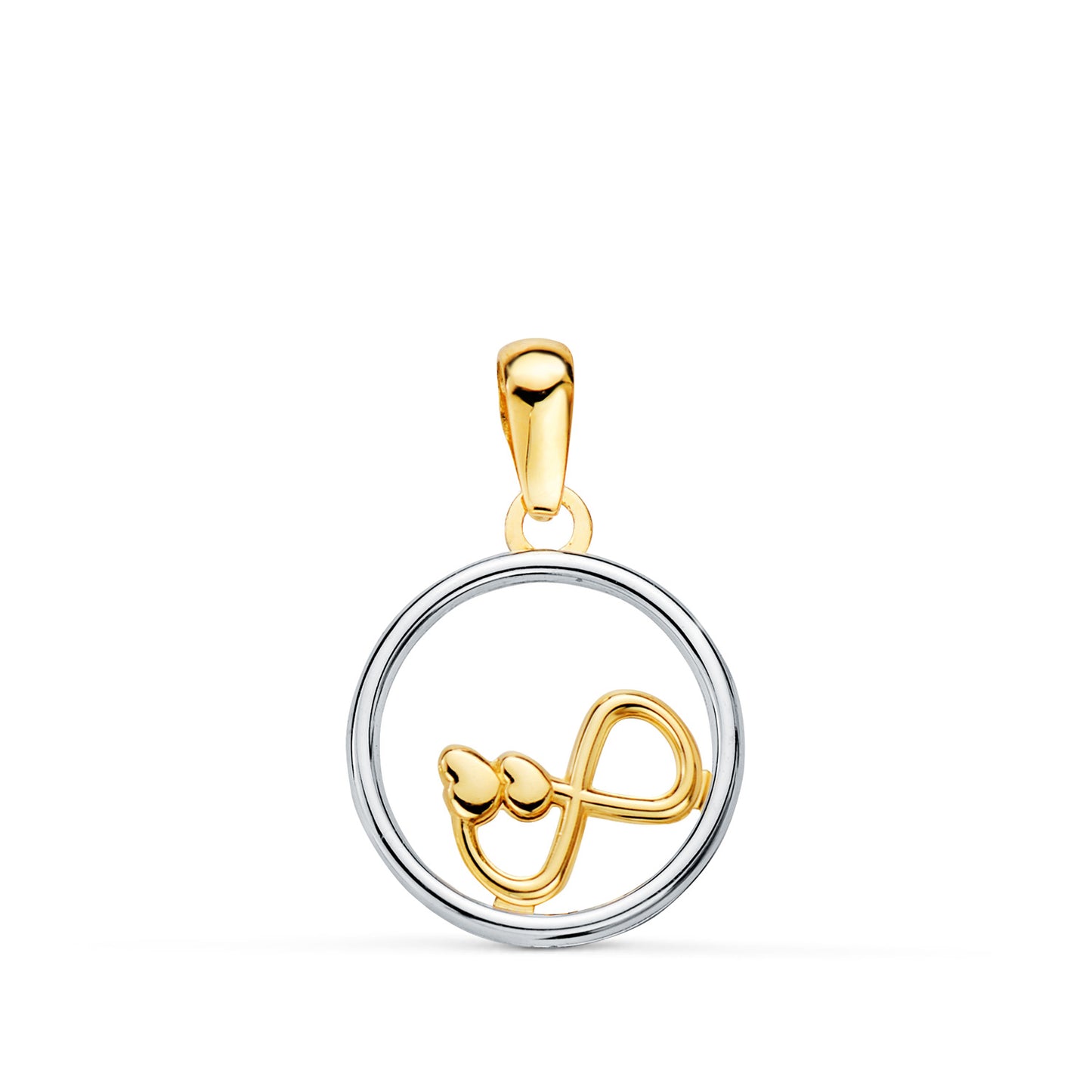 18K COLGANTE ORO BICOLOR REDONDO CON INFINITO Y CORAZON. 13MM C. AMOR
