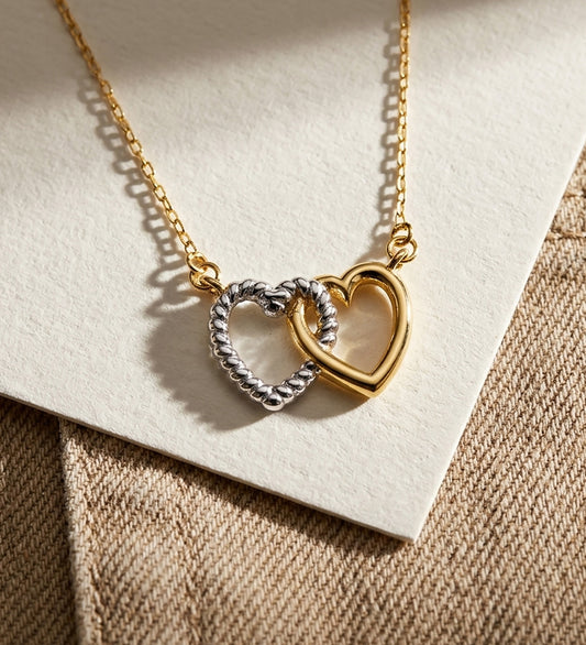 18K GARGANTILLA ORO BICOLOR DOS CORAZONES 13X9 MM. CADENA FORZADA 42 3 CM C. AMOR