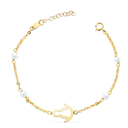 18K PULSERA ORO AMARILLO SILUETA VIRGEN ROCIO 14X11 MM CON PERLAS. LARGO: 17.5 CM