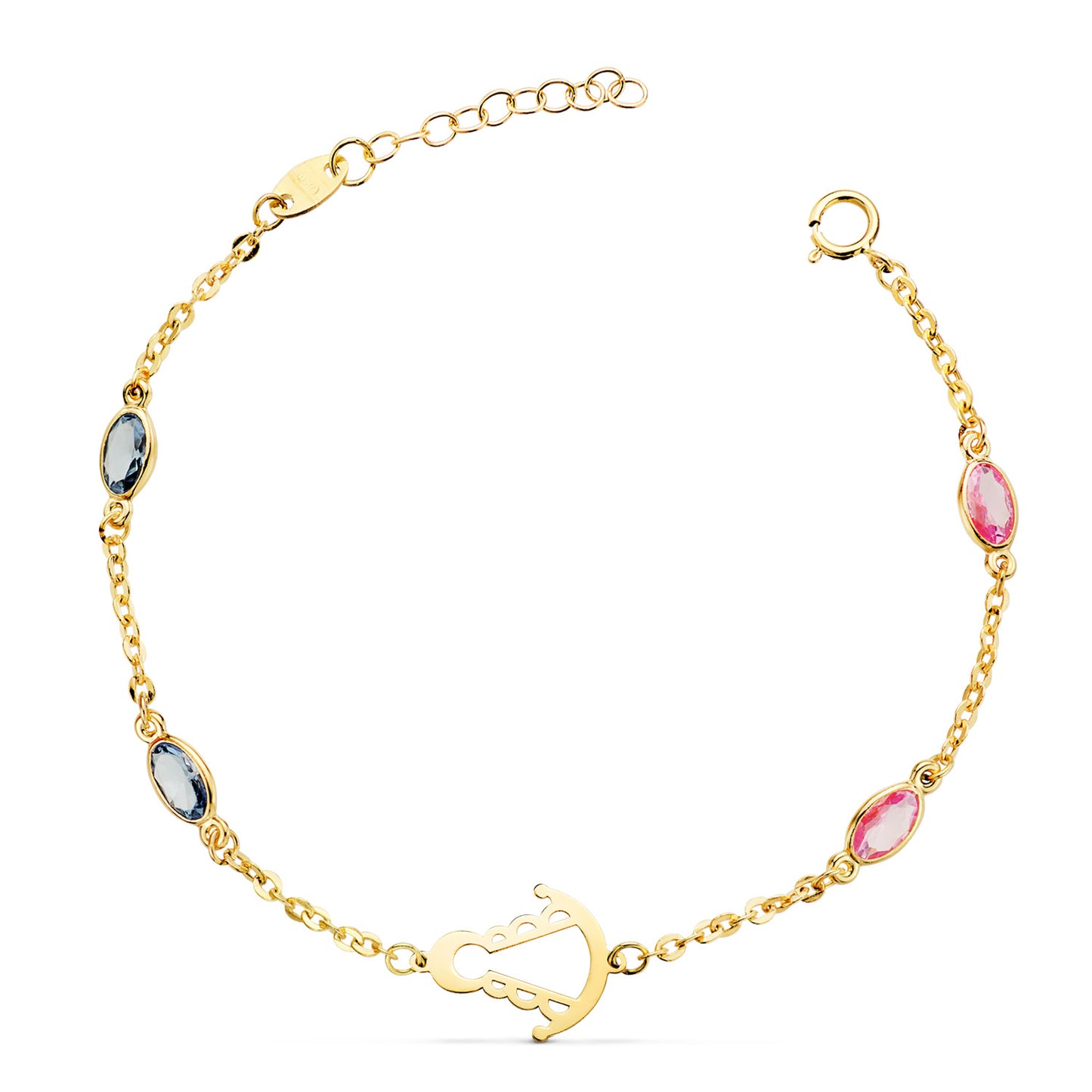 18K PULSERA ORO AMARILLO SILUETA VIRGEN ROCIO 14X11 MM CON CIRCONITAS ROSAS Y AZULES. LARGO: 15 3 CM
