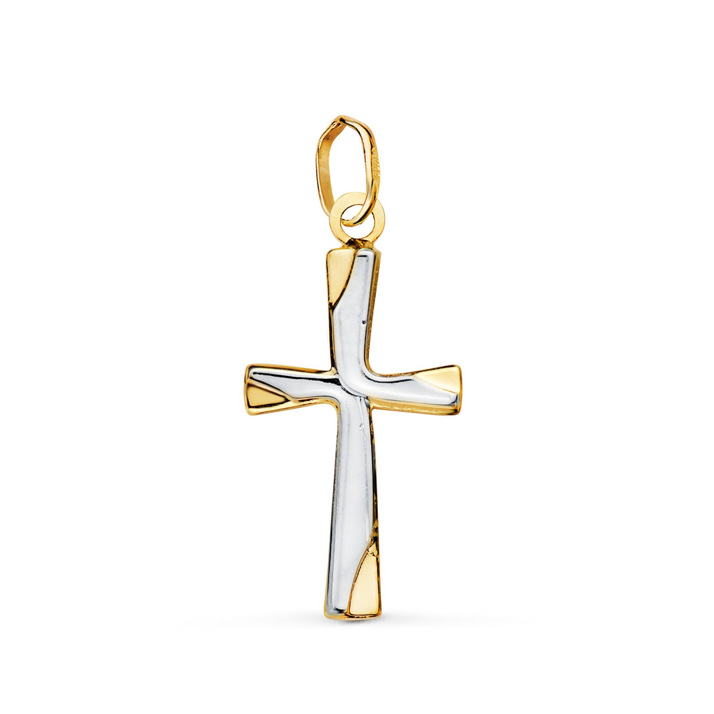 18K CRUZ ORO BICOLOR LISA EN BRILLO HUECA 21 X 12 MM