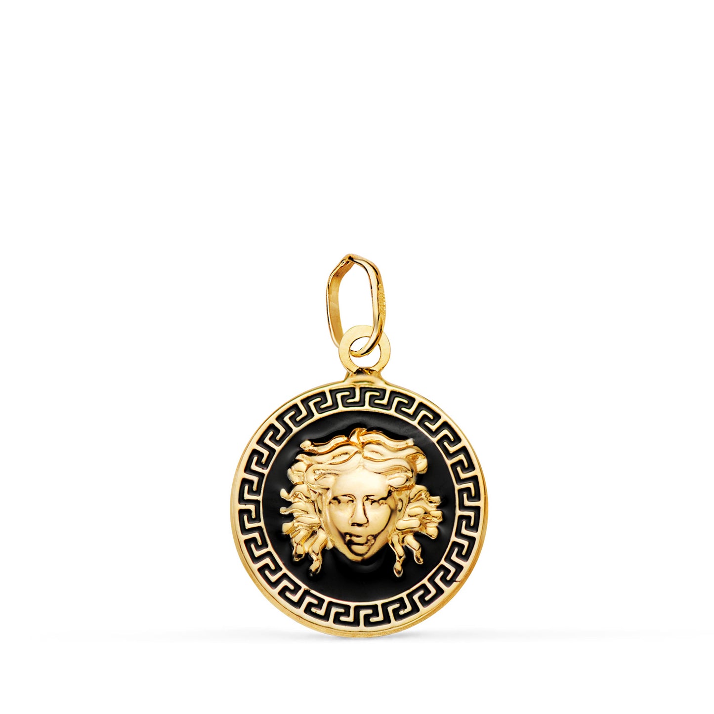 18K MEDALLA ORO AMARILLO MEDUSA GRECA CON ESMALTE NEGRO. 15 MM