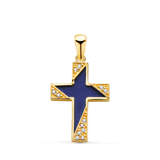 18K CRUZ ORO AMARILLO LAPIZLAZULI DETALLES CON CIRCONITAS. MEDIDA: 19 X 12,5 MM