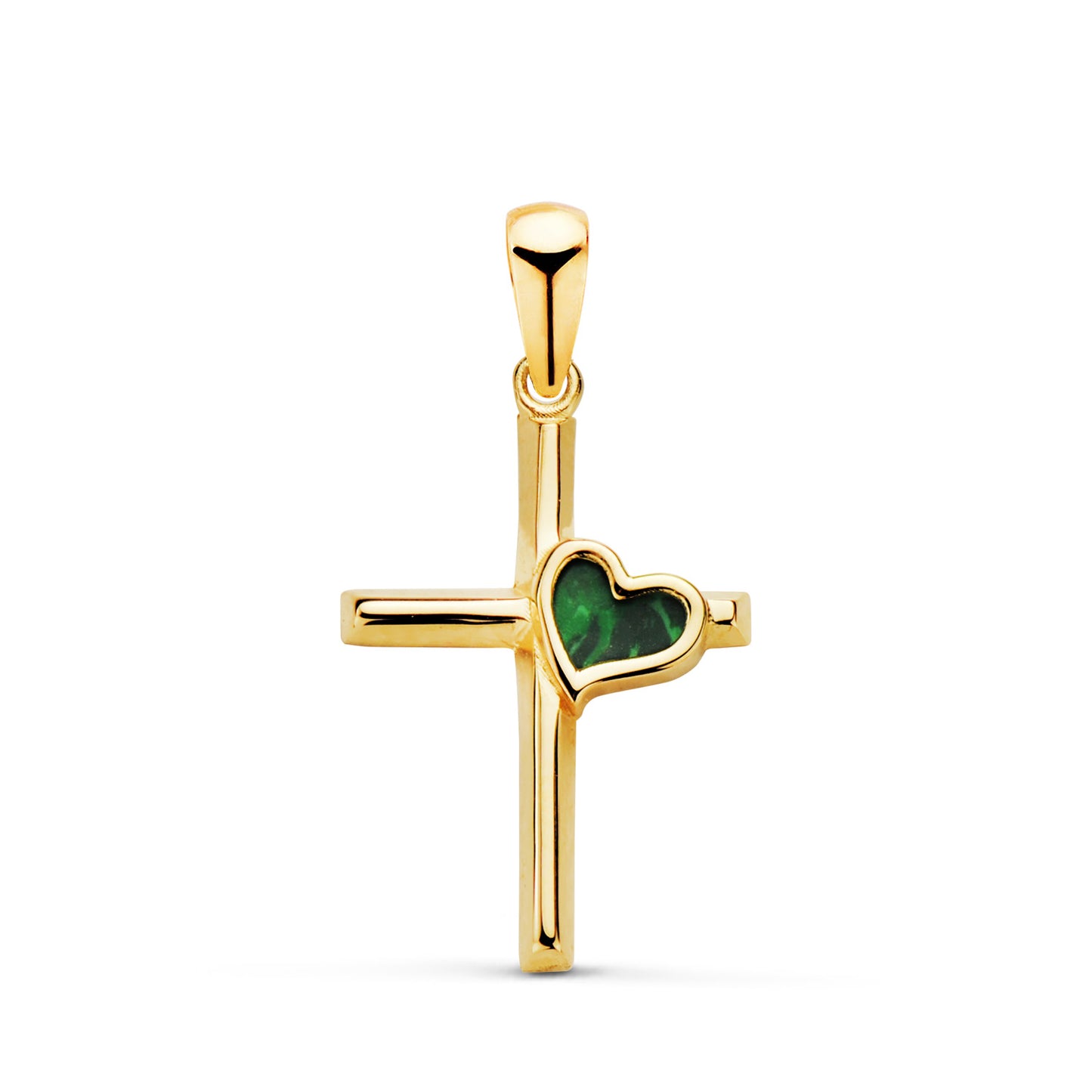 18K CRUZ ORO AMARILLO CON CORAZON DE MALAQUITA. MEDIDA: 18 X 12 MM