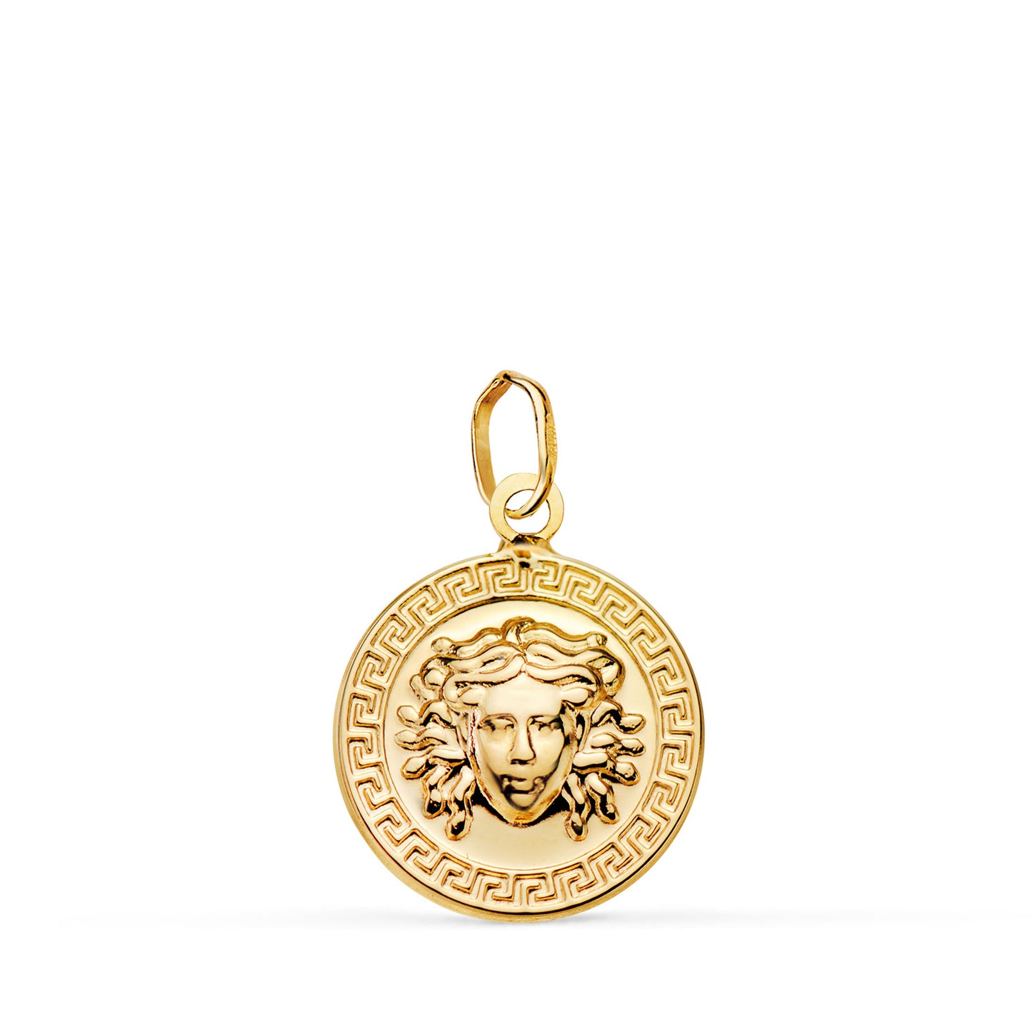 18K MEDALLA ORO AMARILLO MEDUSA GRECA EN BRILLO. MEDIDA: 15 MM