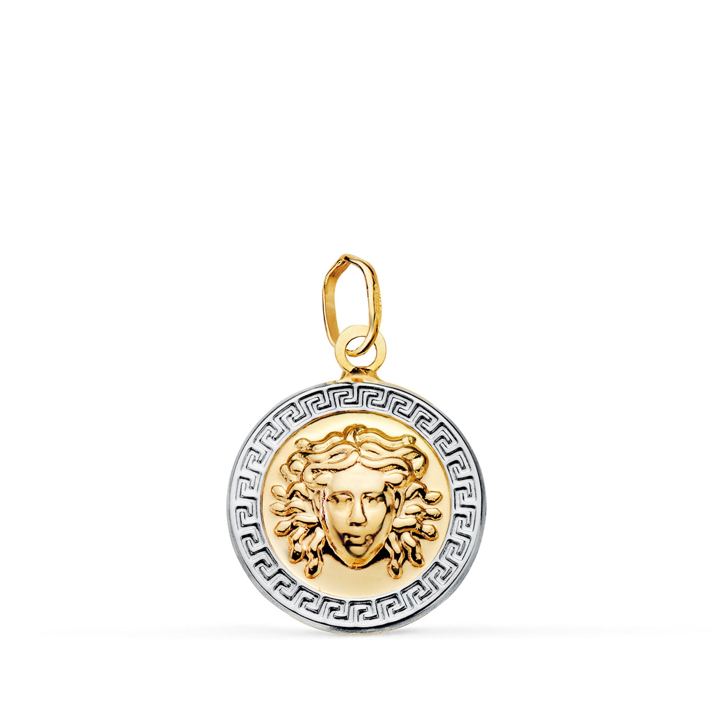 18K MEDALLA ORO BICOLOR MEDUSA GRECA EN BRILLO. MEDIDA: 15 MM