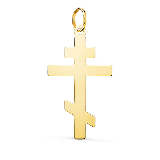 18K COLGANTE ORO AMARILLO CRUZ ORTODOXA SILUETA EN BRILLO. 28 X 15 MM