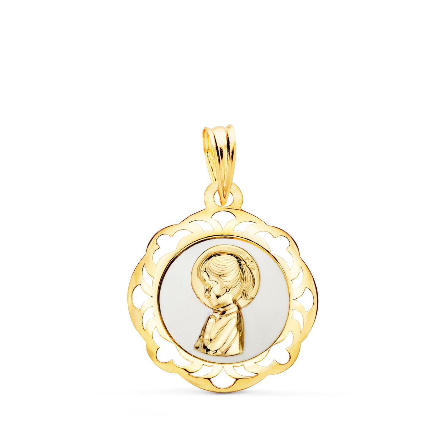 18K MEDALLA ORO AMARILLO VIRGEN NIÑA ESMALTE BLANCO Y CERCO CALADO EN BRILLO 20X18 MM