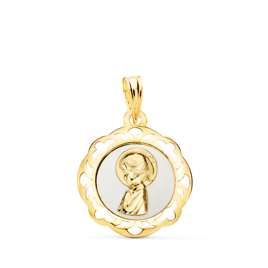 18K MEDALLA ORO AMARILLO VIRGEN NIÑA ESMALTE BLANCO Y CERCO CALADO EN BRILLO 20X18 MM