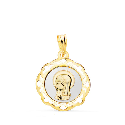18K MEDALLA ORO AMARILLO VIRGEN NIÑA ESMALTE BLANCO Y CERCO CALADO EN BRILLO 20X18 MM