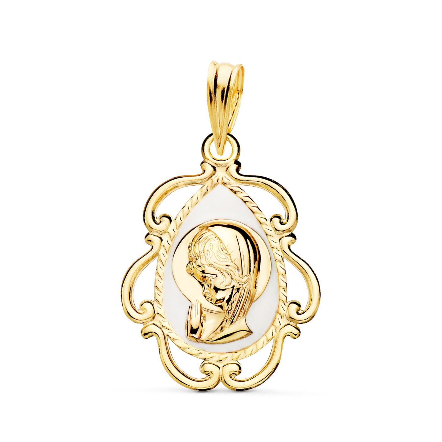 18K MEDALLA ORO AMARILLO VIRGEN NIÑA ESMALE BLANCO Y CERCO CALADO EN BRILLO 22X16 MM