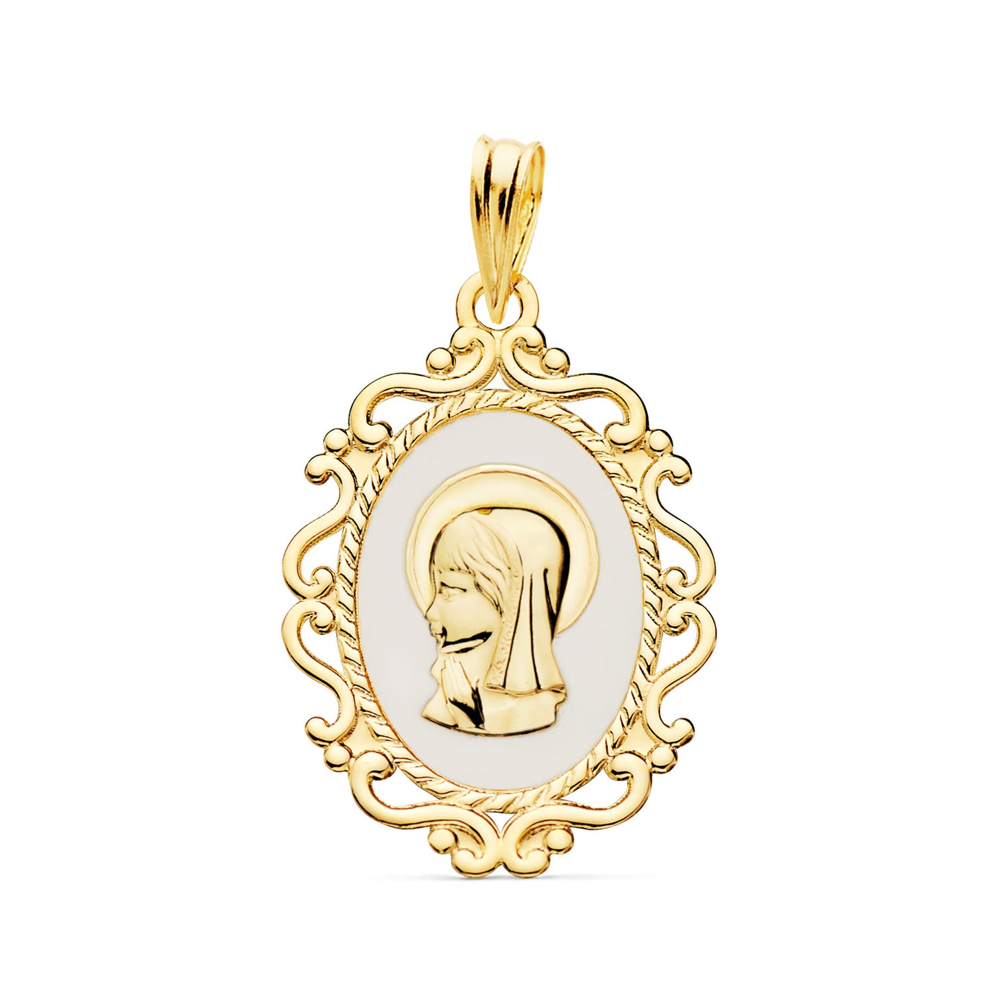 18K MEDALLA ORO AMARILLO VIRGEN NIÑA PERFIL ESMALTE BLANCO Y CERCO CALADO BRILLO 23X16 MM