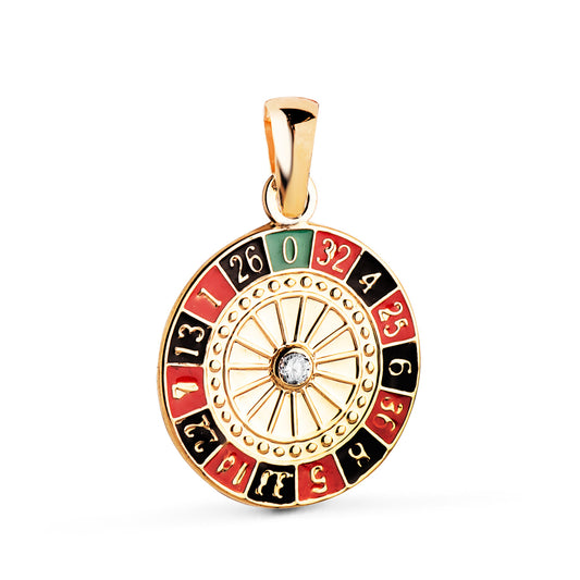 18K COLGANTE AMULETO ORO AMARILLO RULETA CASINO ESMALTADA CON CIRCONITA. MEDIDA: 14,5 MM