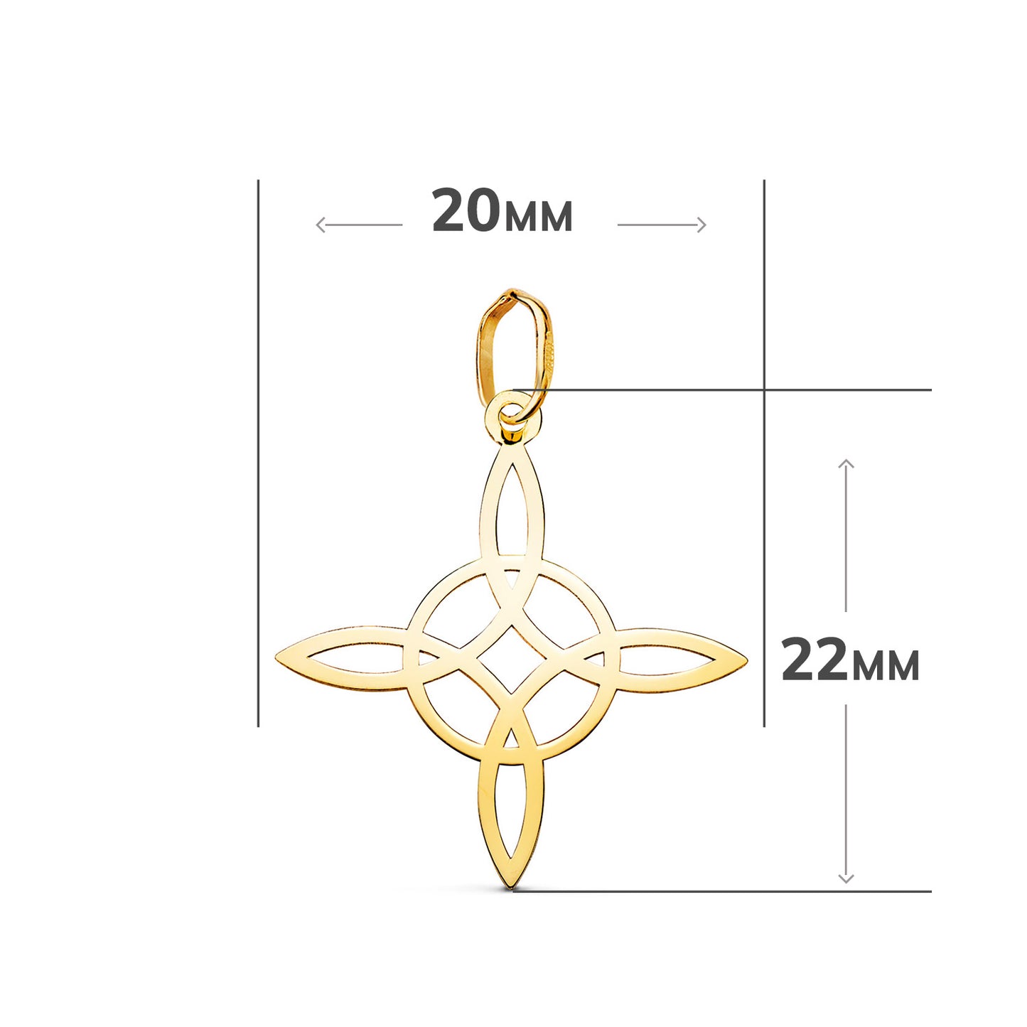 18K COLGANTE ORO AMARILLO NUDO DE BRUJA EN BRILLO: MEDIDA: 22 X 20 MM