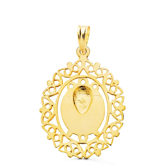 18K MEDALLA ORO AMARILLO VIRGEN DE LA MACARENA CERCO FILIGRANA 28X21 MM