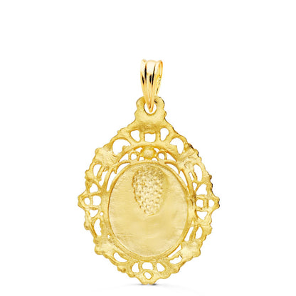 18K MEDALLA ORO AMARILLO VIRGEN DE LA MACARENA CERCO FILIGRANA 27X20 MM