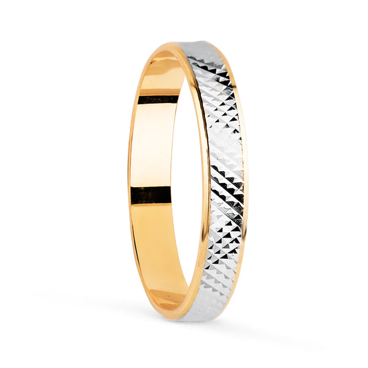18K ALIANZA ORO BICOLOR TALLADA Y BORDES EN BRILLO. ANCHO: 3 MM. TALLA: 26