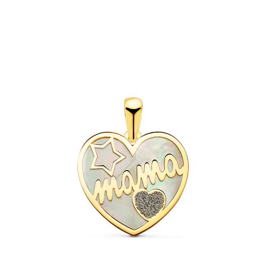 18K COLGANTE DE CORAZON ORO AMARILLO CON NACAR MAMA Y POLVO DE DIAMANTE 16X14MM