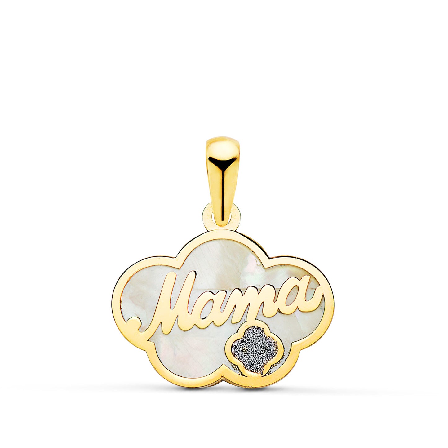 18K COLGANTE DE NACAR ORO AMARILLO FORMA DE NUBE Y MAMA CON GLITTER 17X13MM