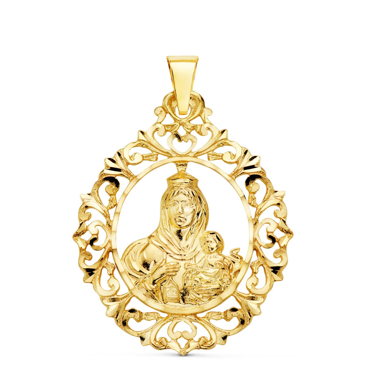 18K MEDALLA ORO AMARILLO VIRGEN DEL CARMEN ORLA FILIGRANA 37X30 MM