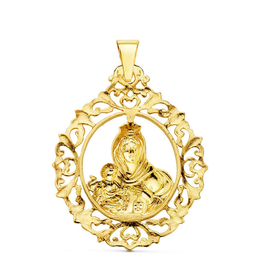 18K MEDALLA ORO AMARILLO VIRGEN DEL CARMEN ORLA FILIGRANA 37X30 MM