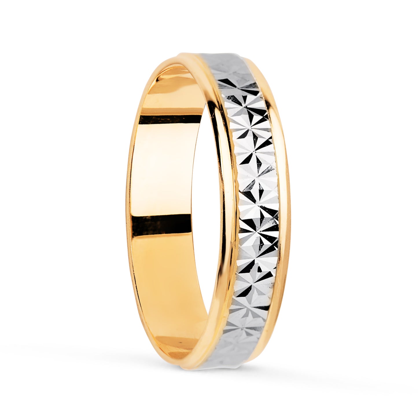 18K ALIANZA ORO BICOLOR TALLADA Y BORDES EN BRILLO. ANCHO: 4 MM. TALLA: 20