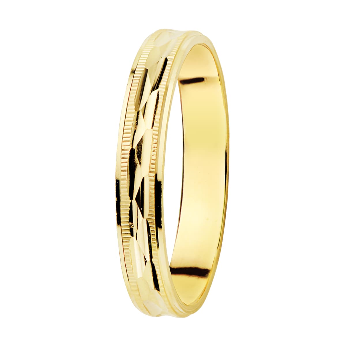 18K ALIANZA ORO AMARILLO TALLADA Y BORDES ESTRIADOS. ANCHO: 3 MM