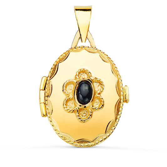 18K GUARDAPELO DIJE PORTAFOTOS ORO AMARILLO OVAL CON PIEDRA AZUL Y BORDE HILO RELIADO. 23 X 18 MM