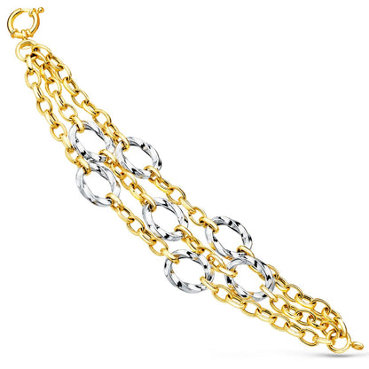 18K PULSERA ORO BICOLOR TRIPLE CADENA HUECA MOTIVOS REDONDOS 20CM