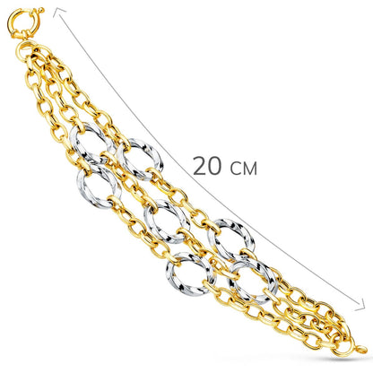 18K PULSERA ORO BICOLOR TRIPLE CADENA HUECA MOTIVOS REDONDOS 20CM