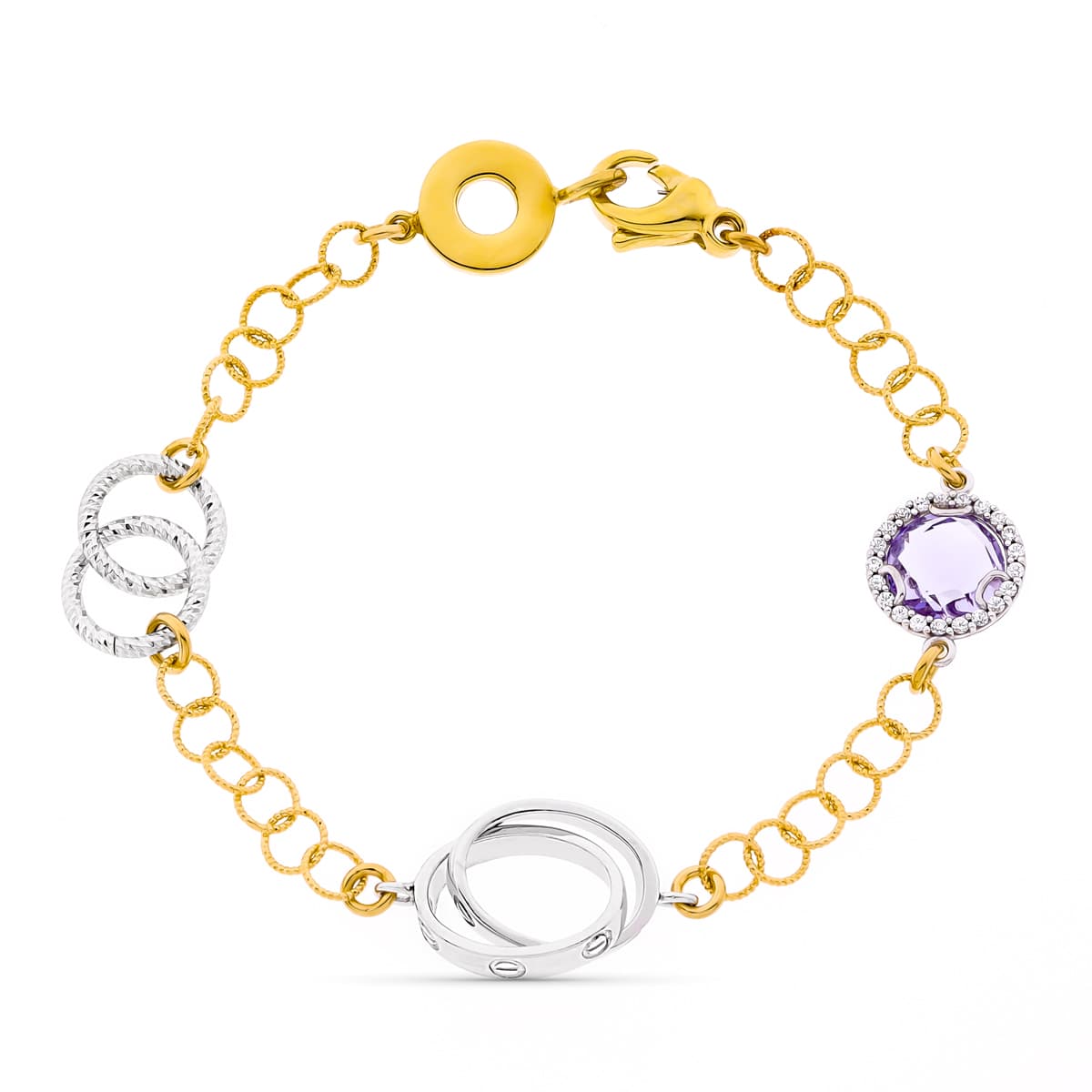 18K PULSERA BICOLOR ESLABONES PIEDRA AMATISTA
