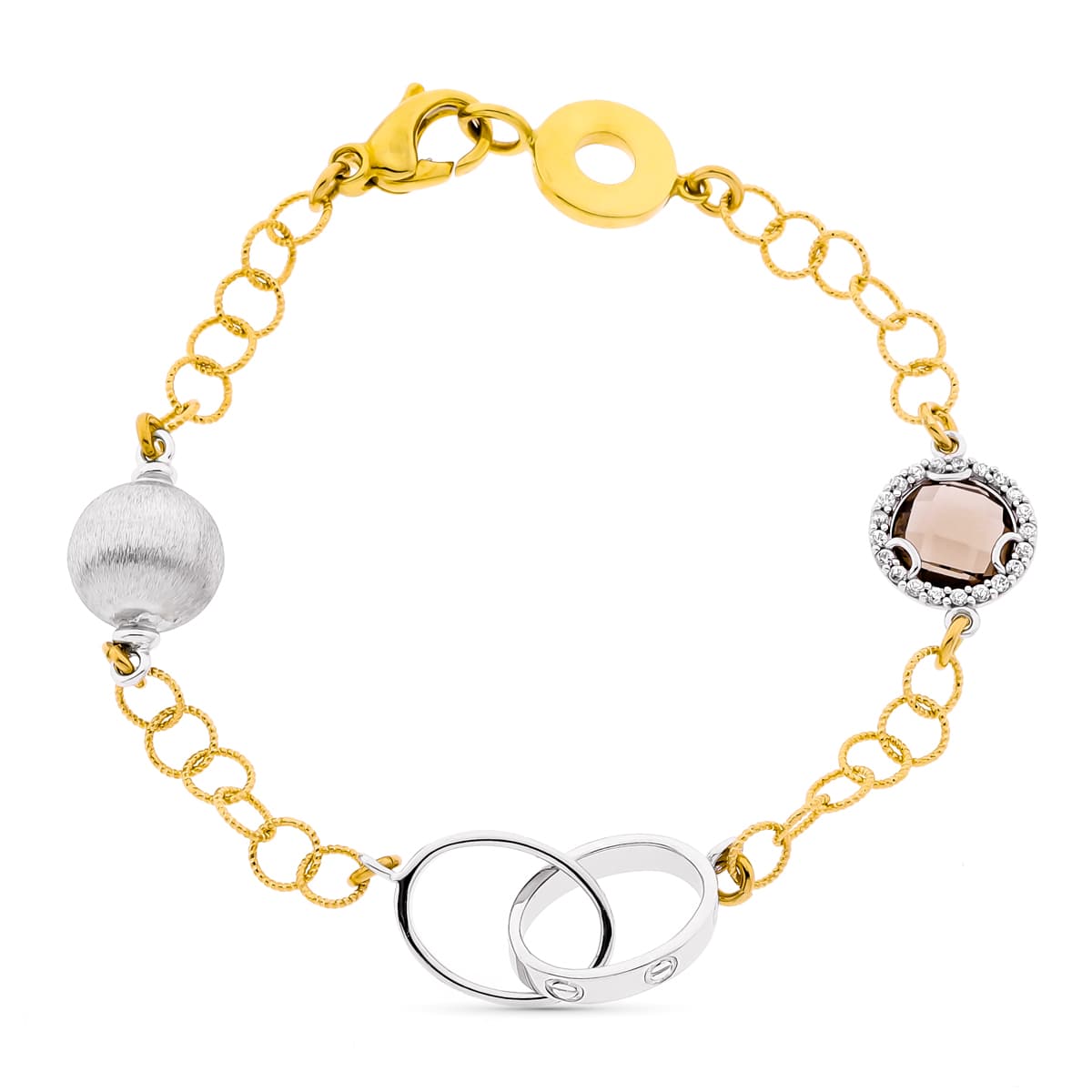 18K PULSERA ORO BICOLOR ESLABONES PIEDRA FUME. ANCHO 10 MM LARGO 19CM