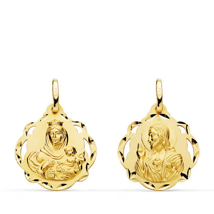 18K ESCAPULARIO ORO AMARILLO PANDERETA VIRGEN DEL CARMEN Y CORAZON DE JESUS 20 MM