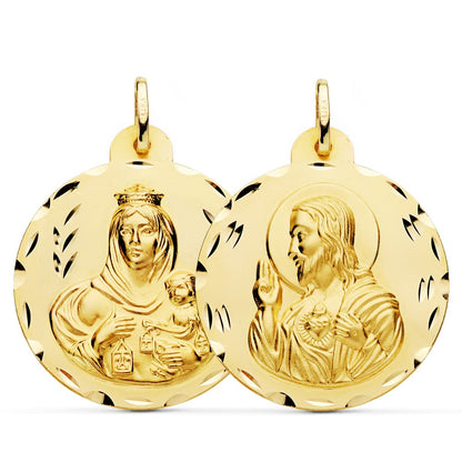 18K ESCAPULARIO ORO AMARILLO TALLADO VIRGEN DEL CARMEN CORAZON DE JESUS 30 MM
