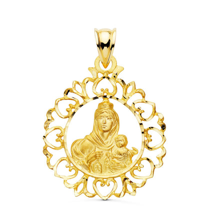 18K MEDALLA ORO AMARILLO VIRGEN DEL CARMEN CERCO ORLA CON CORAZONES 30X25 MM