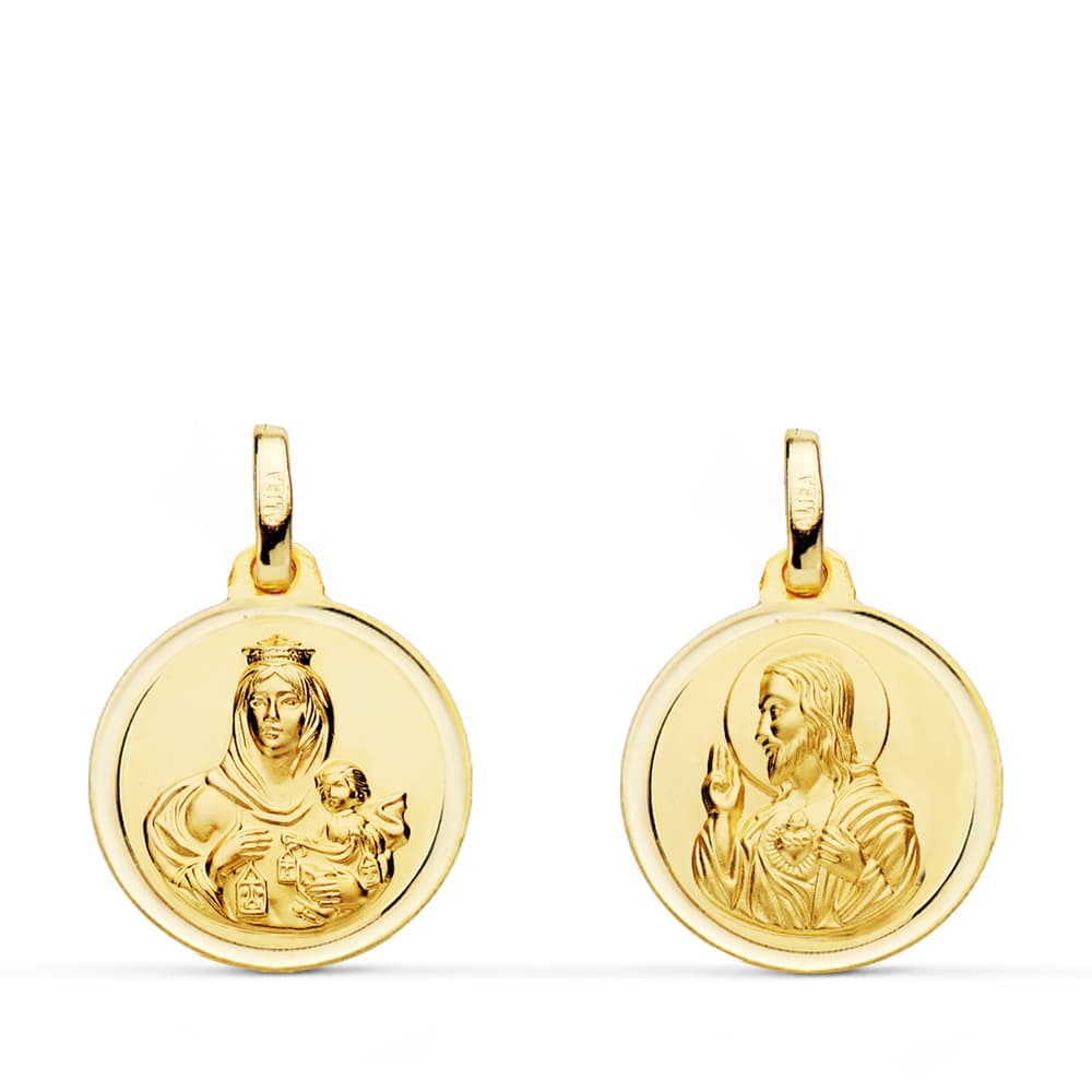 18K ESCAPULARIO ORO AMARILLO BISEL ORO AMARILLO VIRGEN DEL CARMEN CORAZON DE JESUS 16 MM